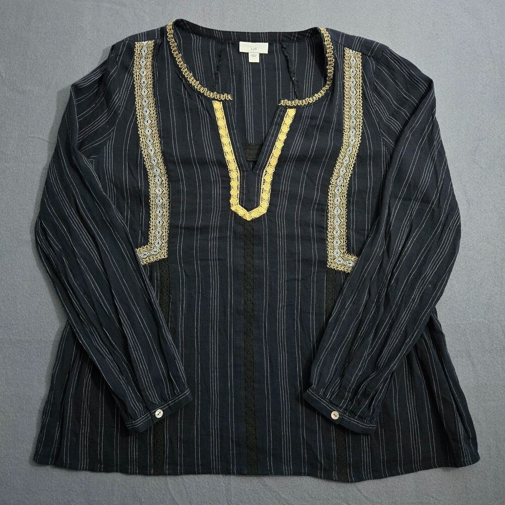 J. Jill Women L Black Stripe Embroidered Semi Sheer Blouse Boho Peasant